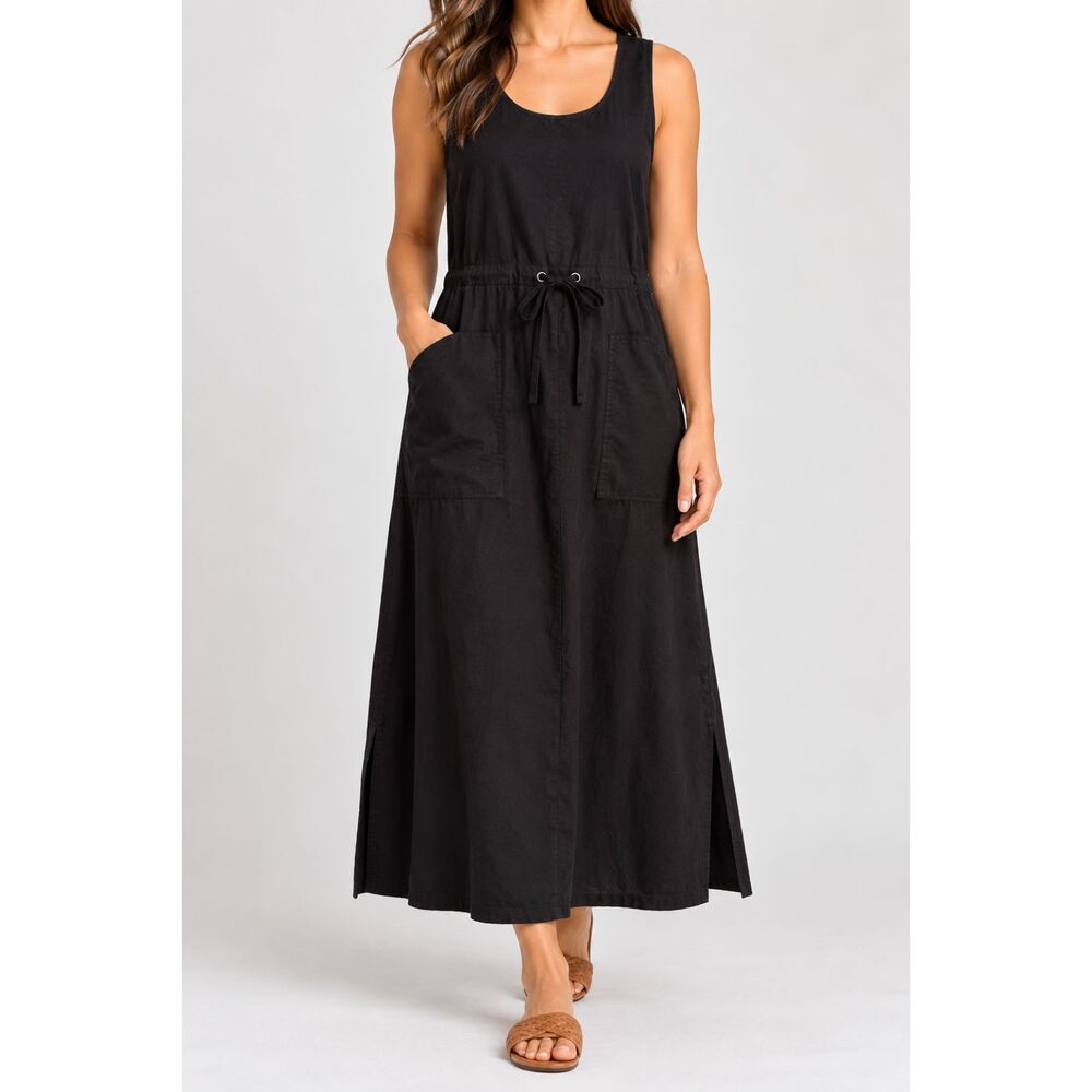 Eileen Fisher Black Organic Cotton Drawstring Maxi Dress Sleeveless Pockets